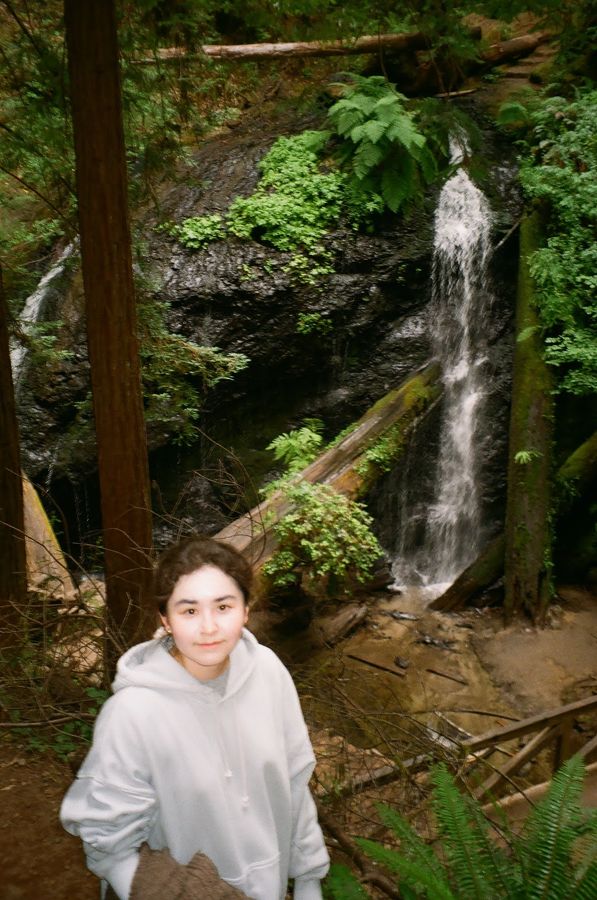 Dana by a waterfall in the redwoods